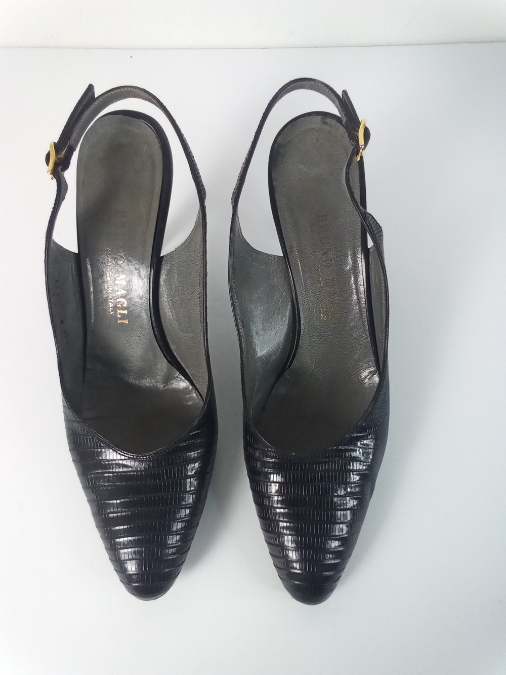 Bruno Magli Pointed Toe Black Lizard Slingback Pumps Heels